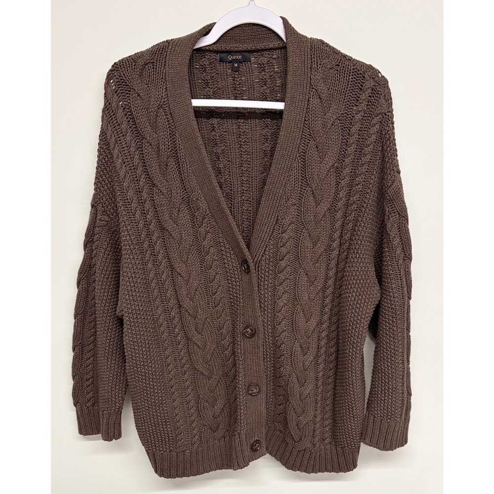 Quince 100% Organic Cotton Chunky Cable Knit Oversized Cardigan Heather Brown M